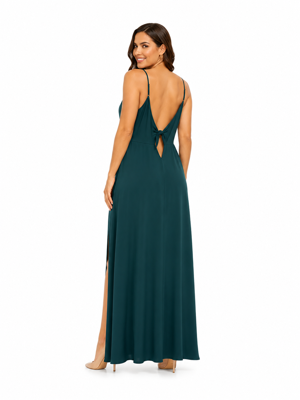Arriendo de Vestido largo petroleo amarre en escote