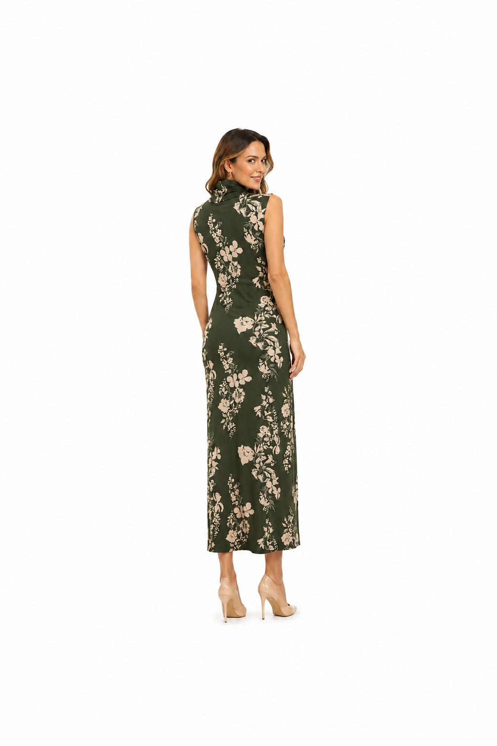 Arriendo de Vestido verde militar con flores blancas halter estilo asiático largo español
