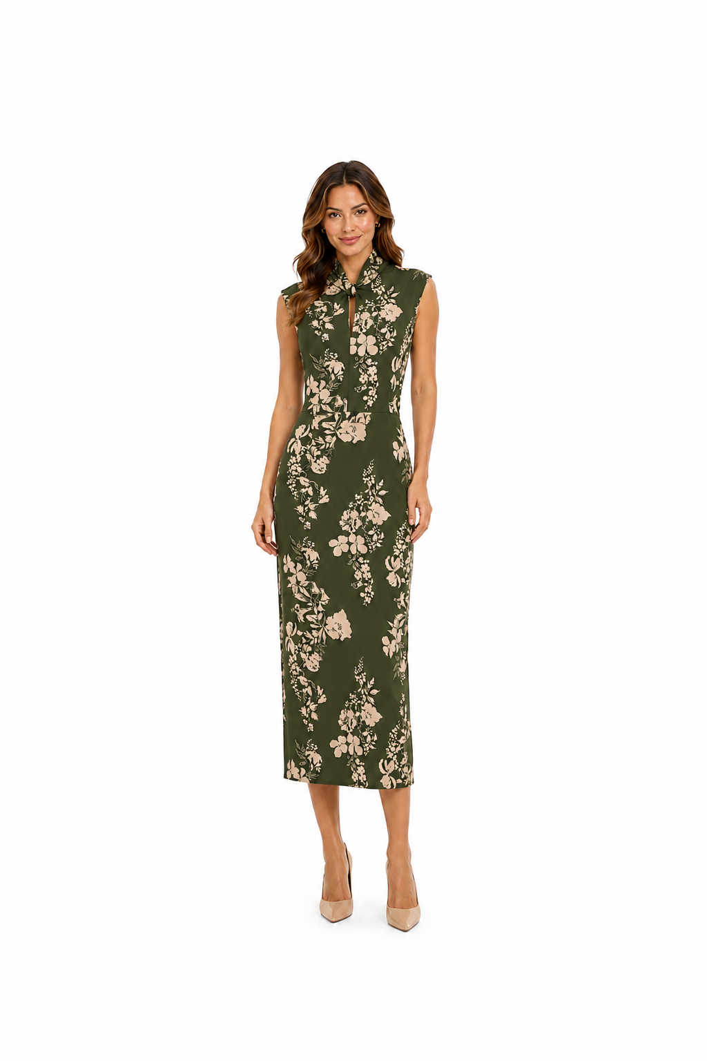 Arriendo de Vestido verde militar con flores blancas halter estilo asiático largo español