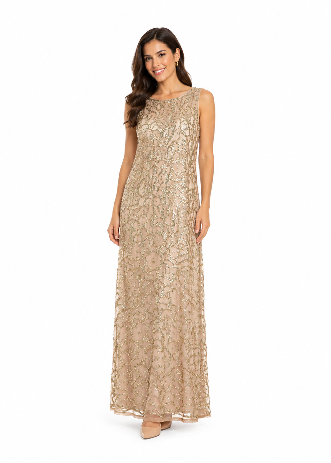 Arriendo de vestido largo dorado con lentejuelas