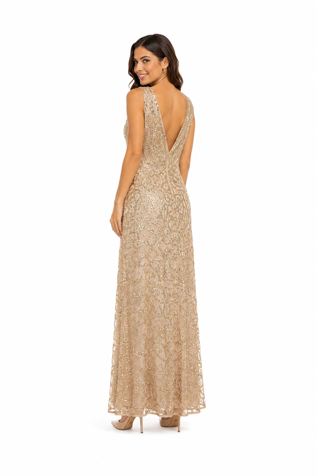 Arriendo de vestido largo dorado con lentejuelas