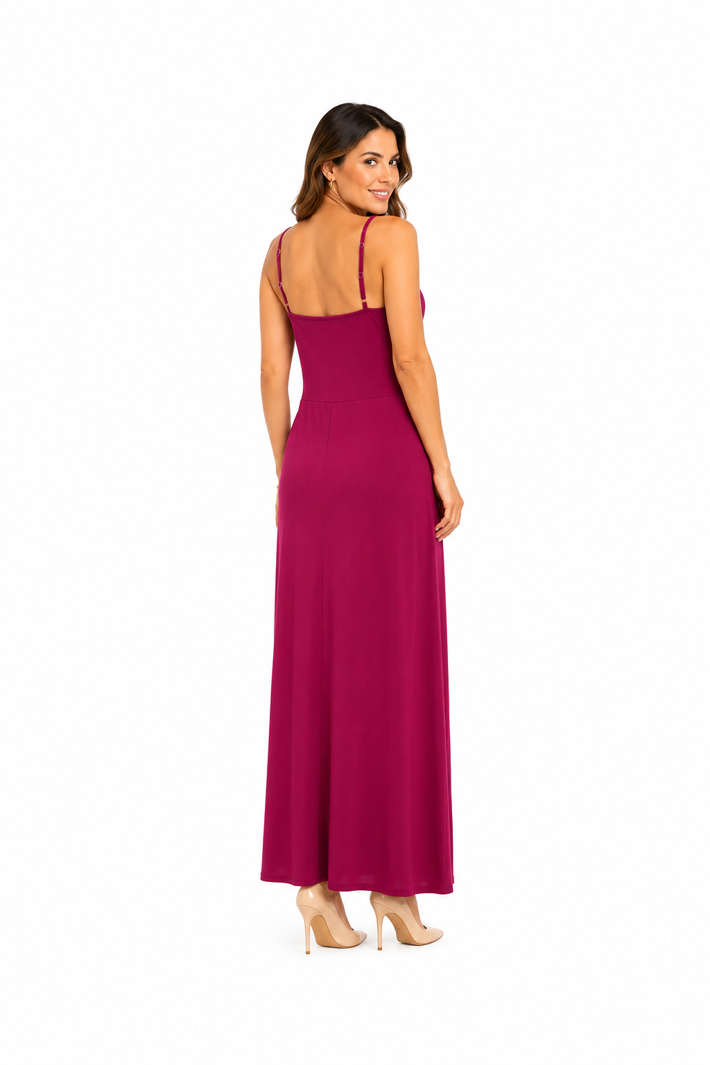 Arriendo de Vestido largo de lycra fucsia oscuro con nudo en escote y pabilos ajustables