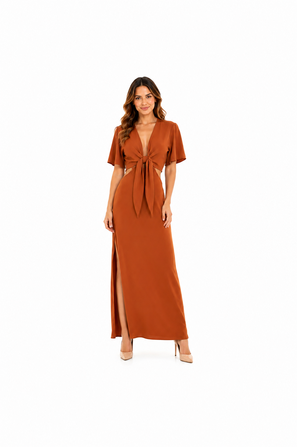 Arriendo Vestido largo terracota con manga corta, cortes en cintura y amarre en escote