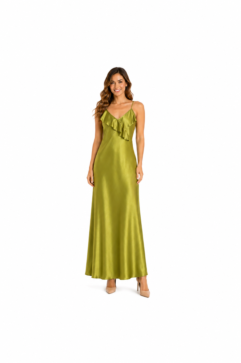 Arriendo de Vestido largo de seda verde pistacho con vuelos adelante y atras y pabilos ajustables