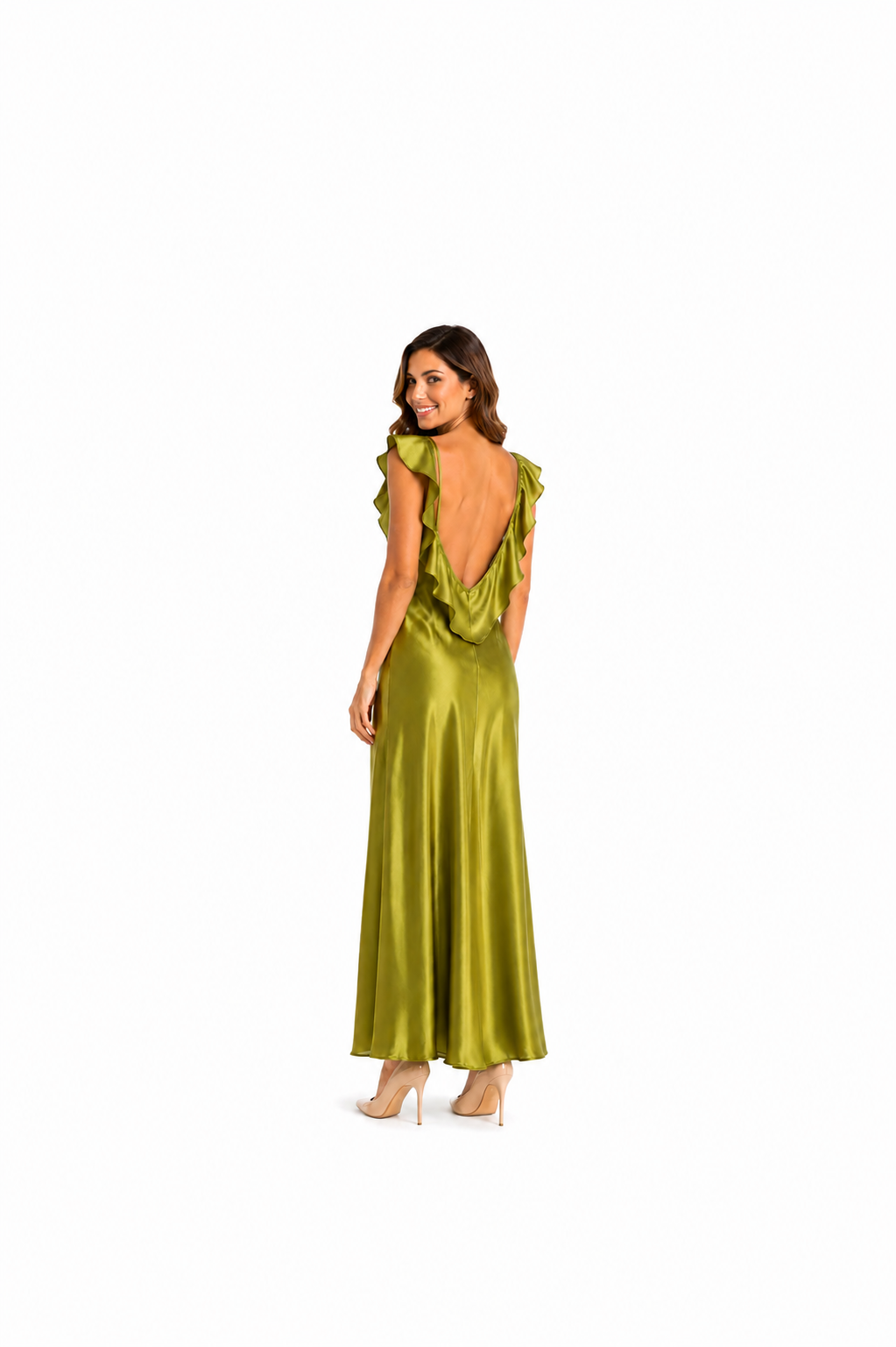 Arriendo de Vestido largo de seda verde pistacho con vuelos adelante y atras y pabilos ajustables
