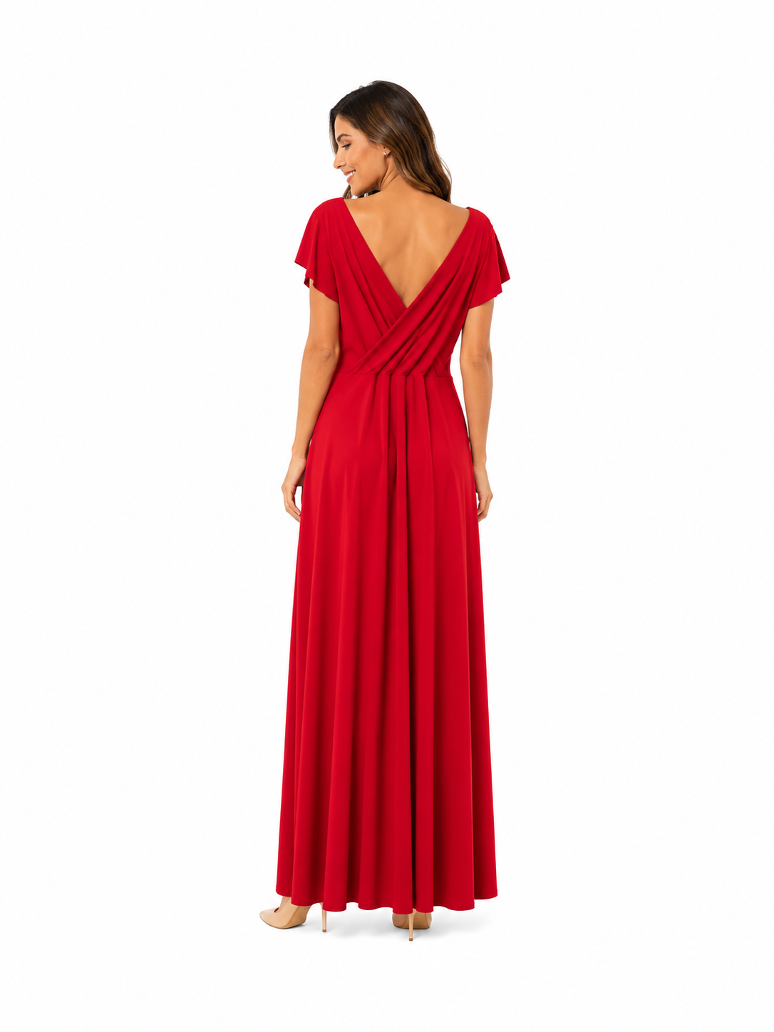 Arriendo de vestido largo rojo con manguitas de lycra