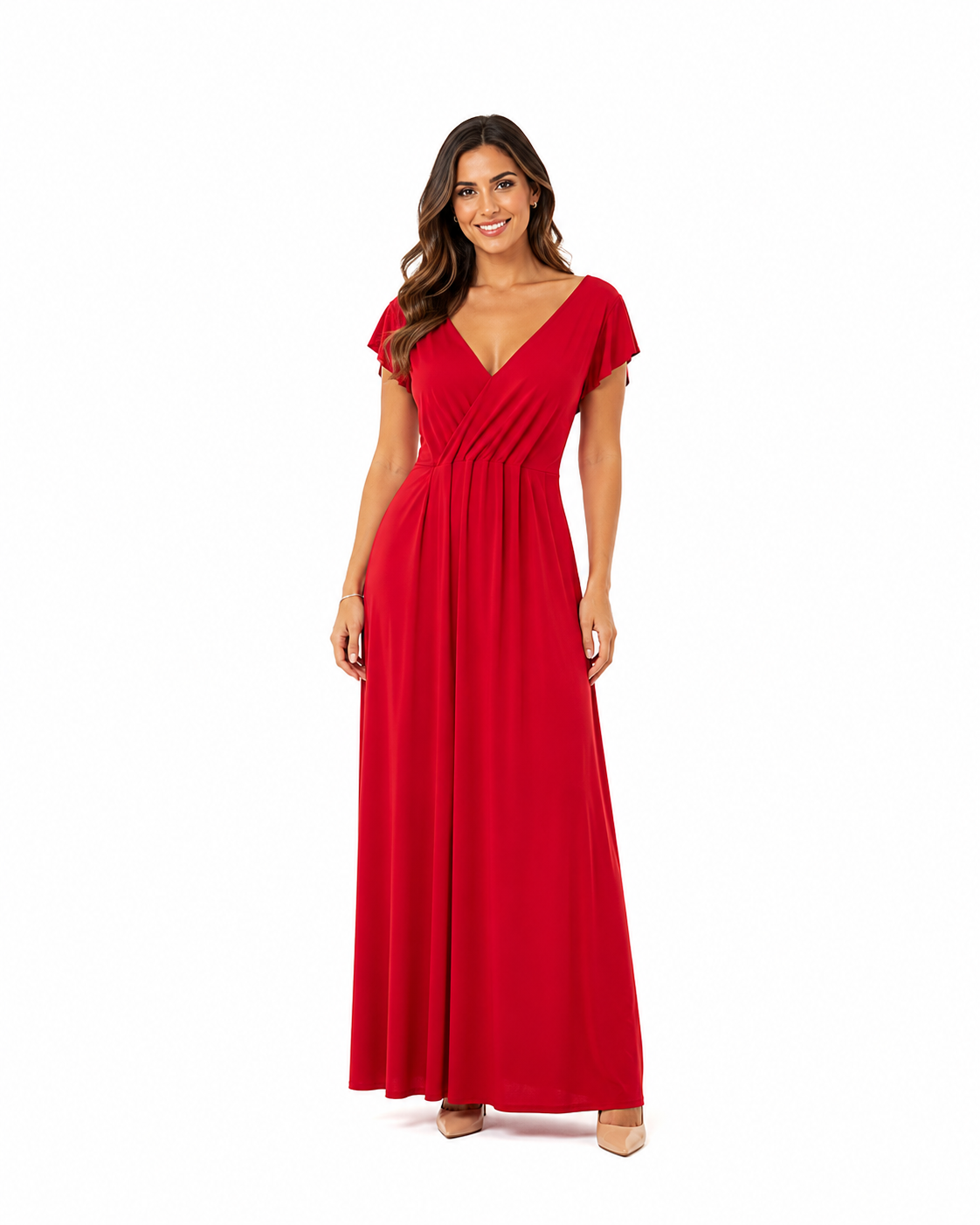 Arriendo de vestido largo rojo con manguitas de lycra