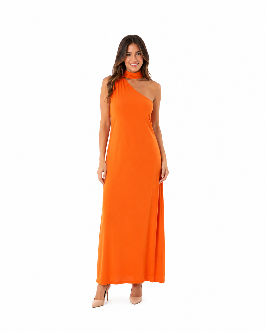 arriendo de vestido largo de lycra naranjo asimetrico con cinta al cuello