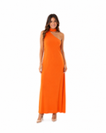 arriendo de vestido largo de lycra naranjo asimetrico con cinta al cuello