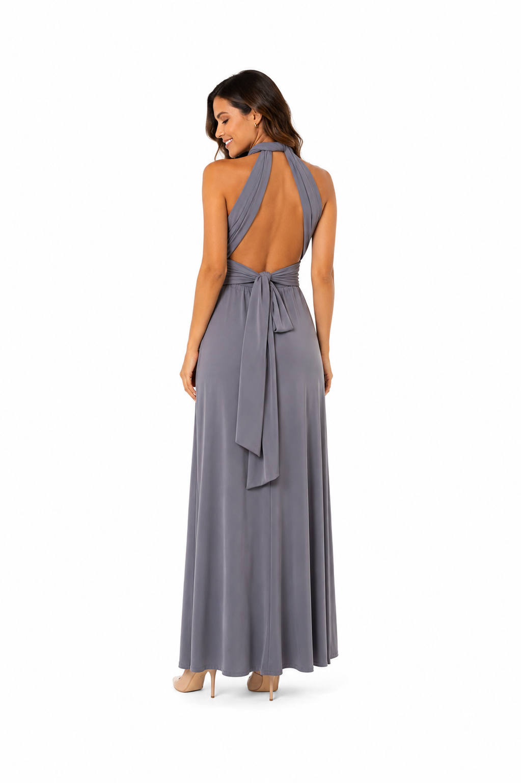 arriendo de vestido largo multiforma gris