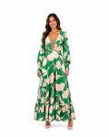 arriendo de vestido largo verde con flores blancas y mangas