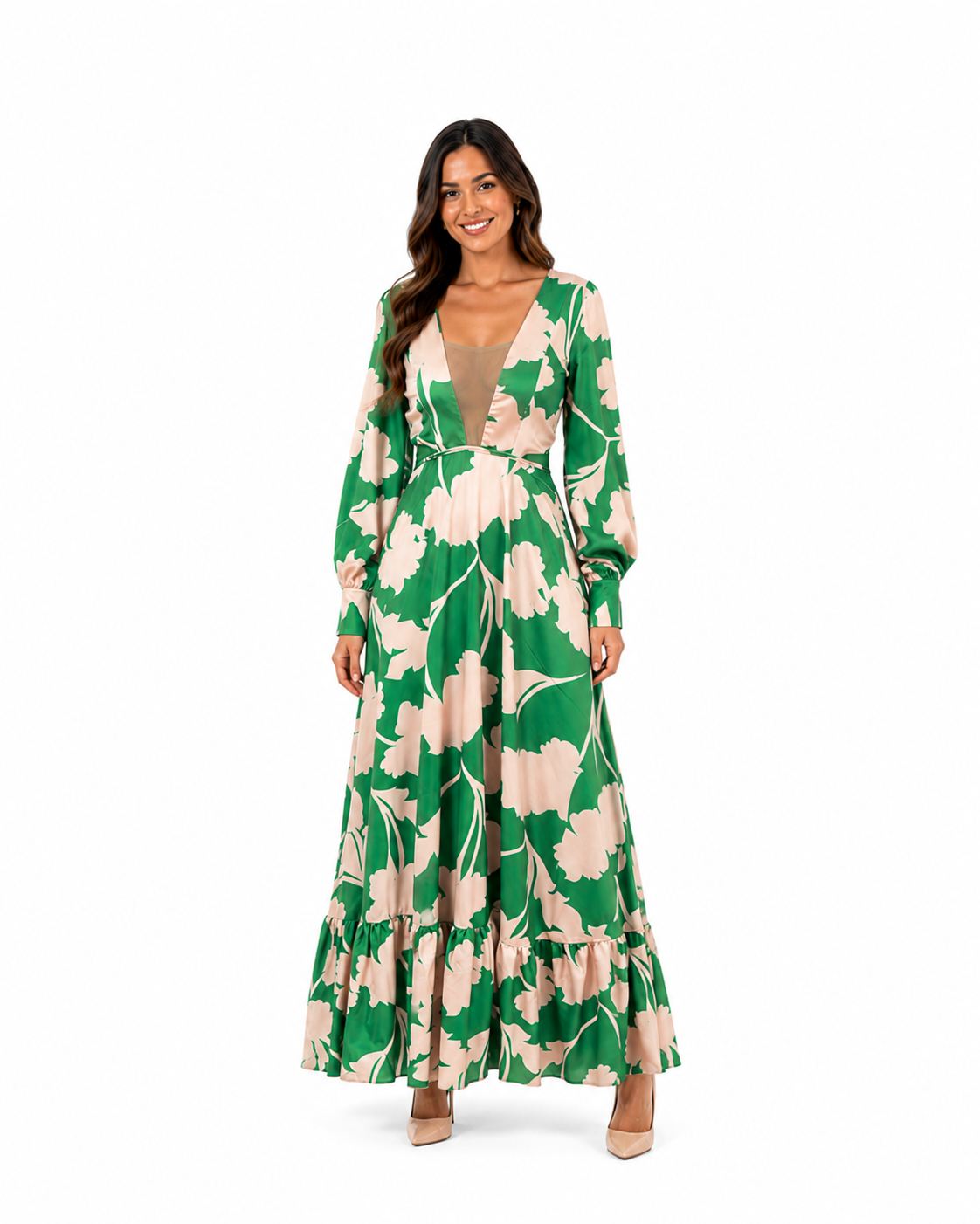 arriendo de vestido largo verde con flores blancas y mangas