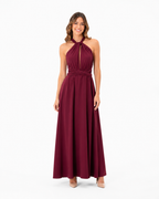Arriendo de vestido largo de lycra multifromas largo burdeo concho vino
