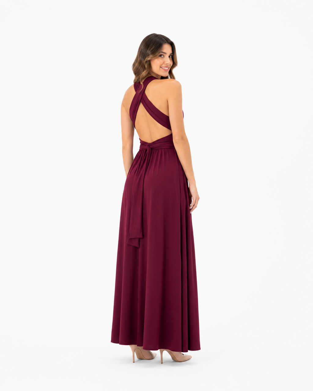 Arriendo de vestido largo de lycra multifromas largo burdeo concho vino