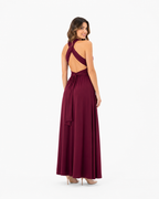 Arriendo de vestido largo de lycra multifromas largo burdeo concho vino