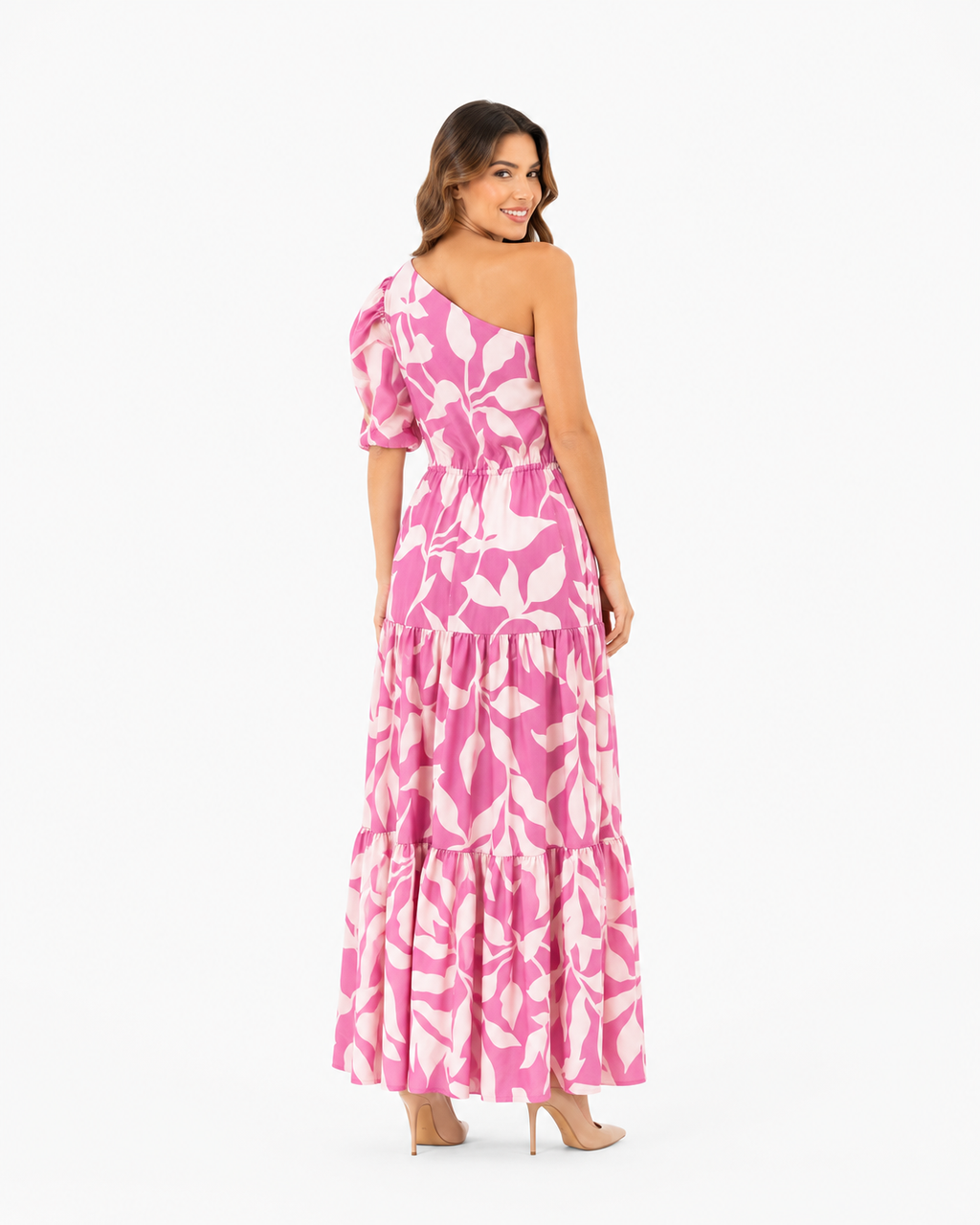 Vestido largo rosado con blanco floreado