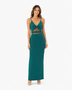 Arriendo de vestido largo verde cut out