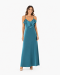 Arriendo de vestido petróleo con vuelos adelante y atrás largo