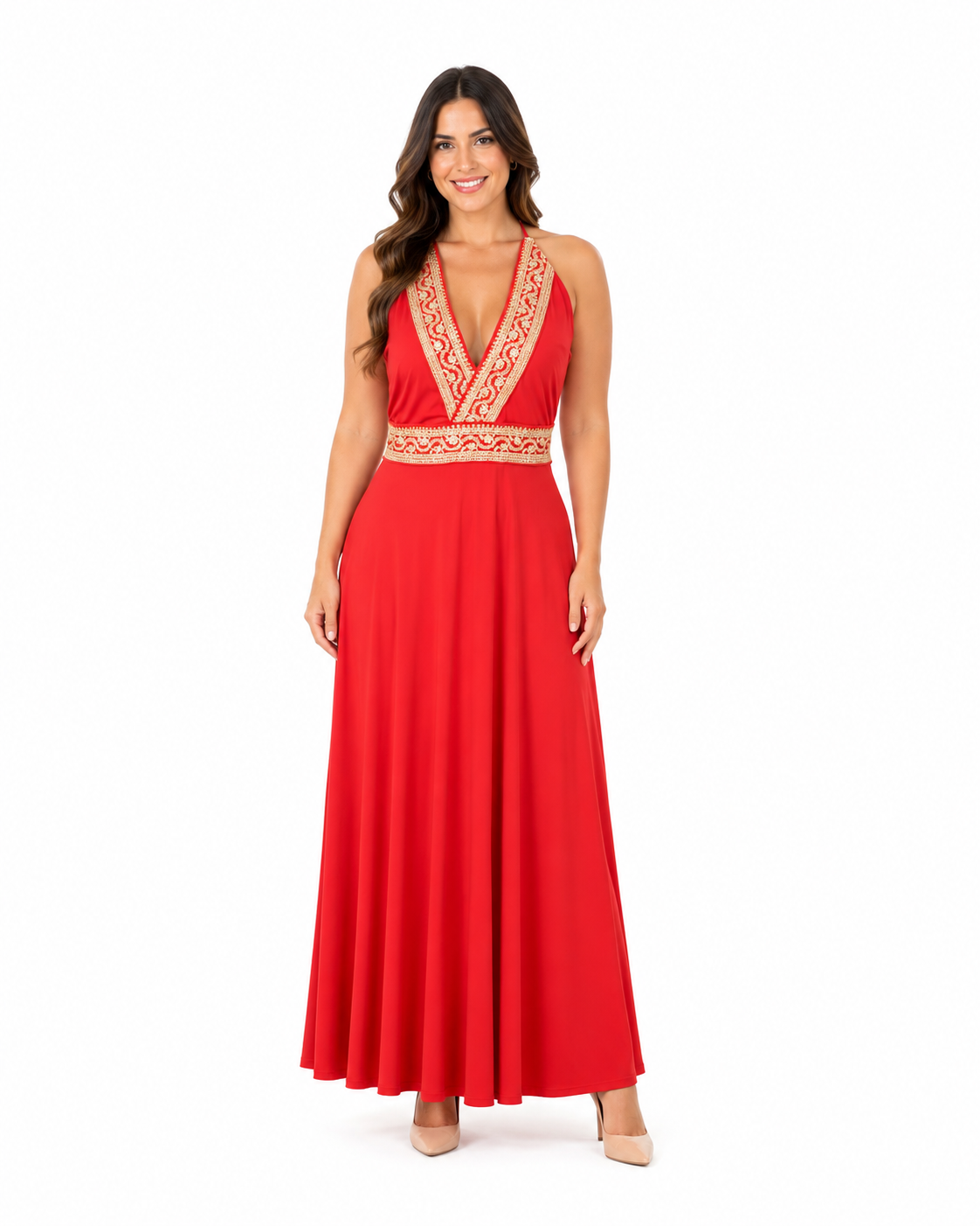 Arriendo de vestido largo rojo de lycra con bordados dorados