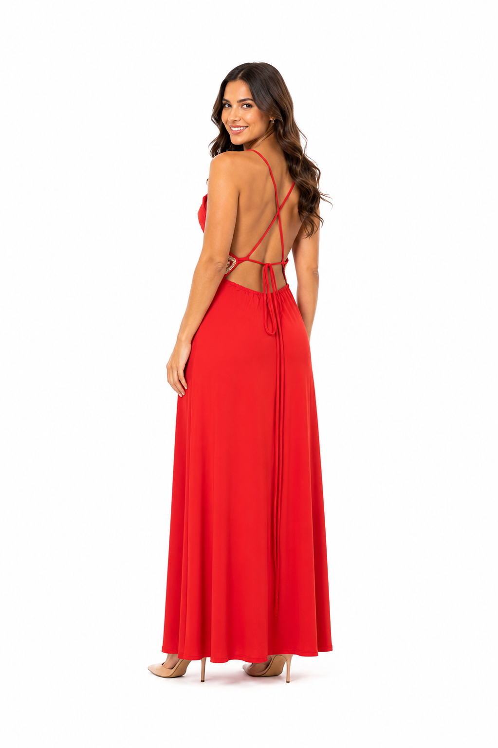 Arriendo de vestido largo rojo de lycra con bordados dorados