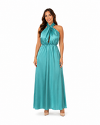 Arriendo de vestido largo de seda celeste multiforma con elastico en cintura
