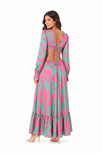 Arriendo de vestido largo turquesa con flores fucsias