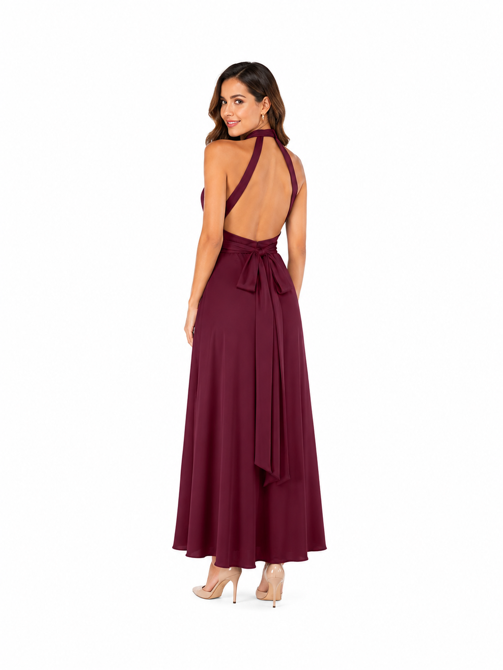 Arriendo de vestido largo multiformas burdeo