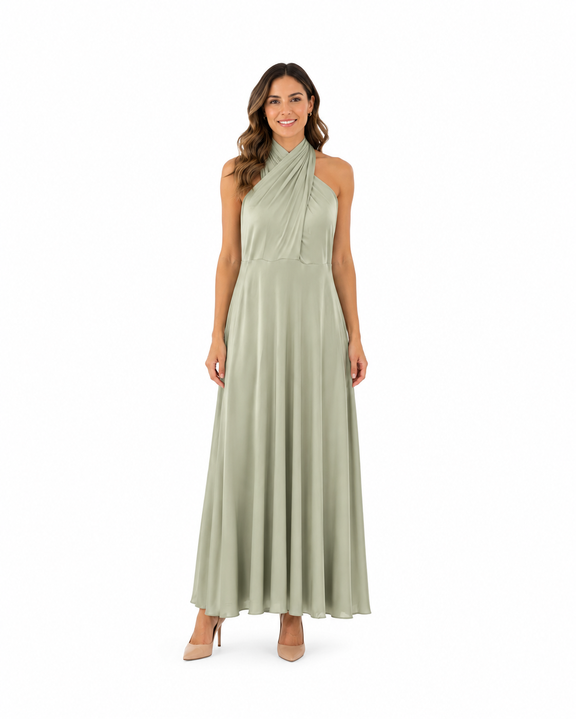 Arriendo de vestido largo multiformas verde claro