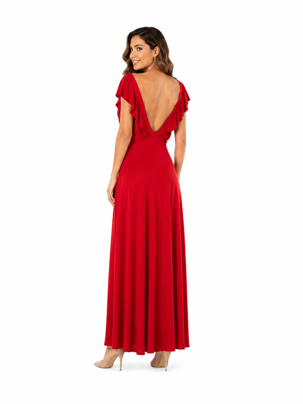 Arriendo de vestido largo de lycra rojo con vuelos elasticado