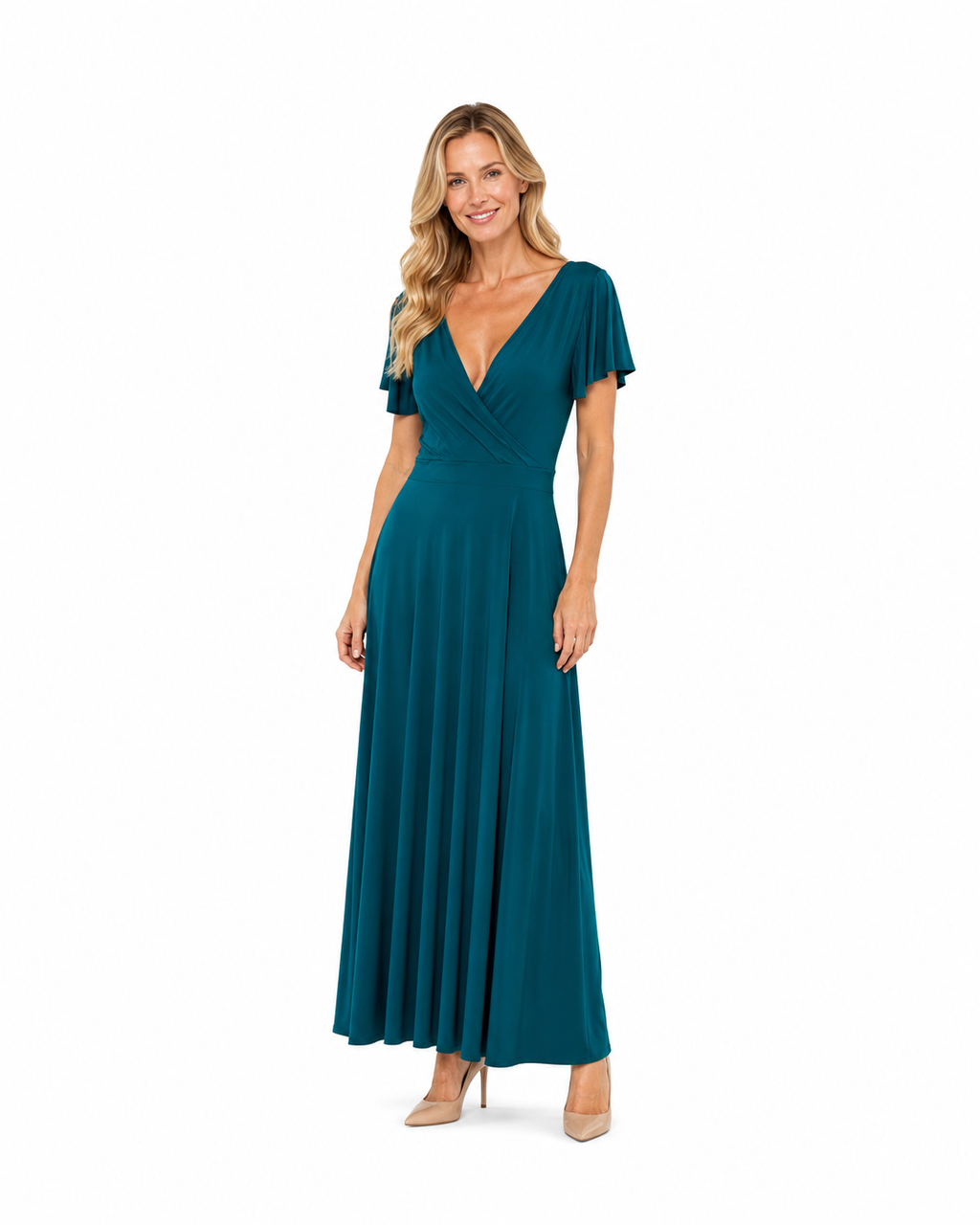 Arriendo de vestido largo de lycra petroleo claro