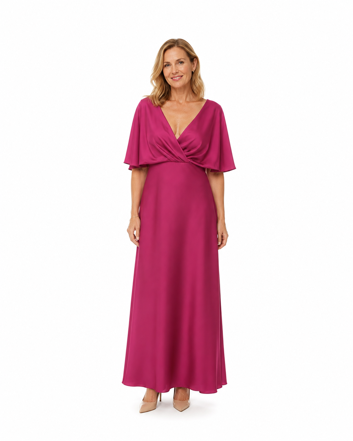 Arriendo de vestido largo con mangas color magenta