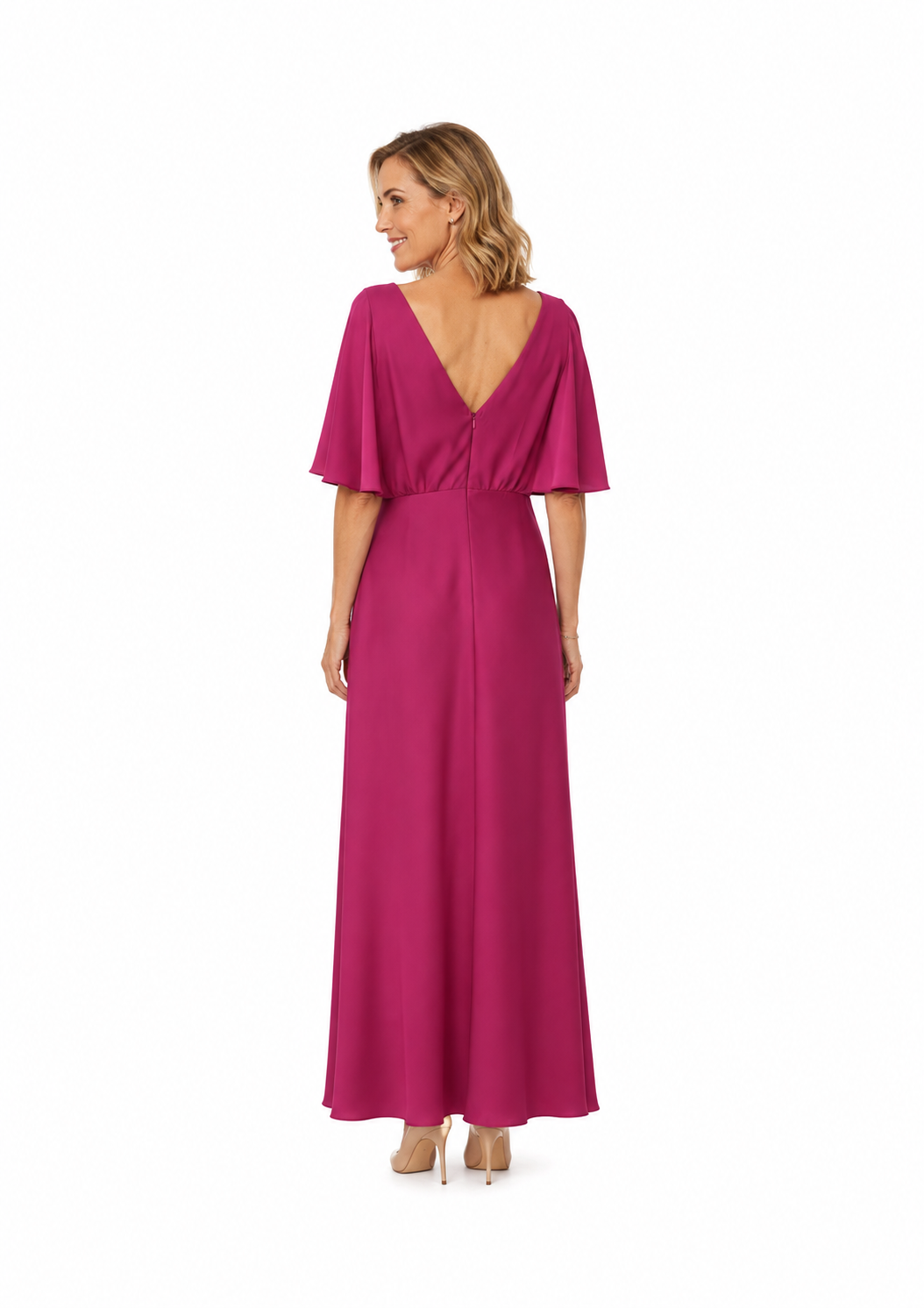 Arriendo de vestido largo con mangas color magenta