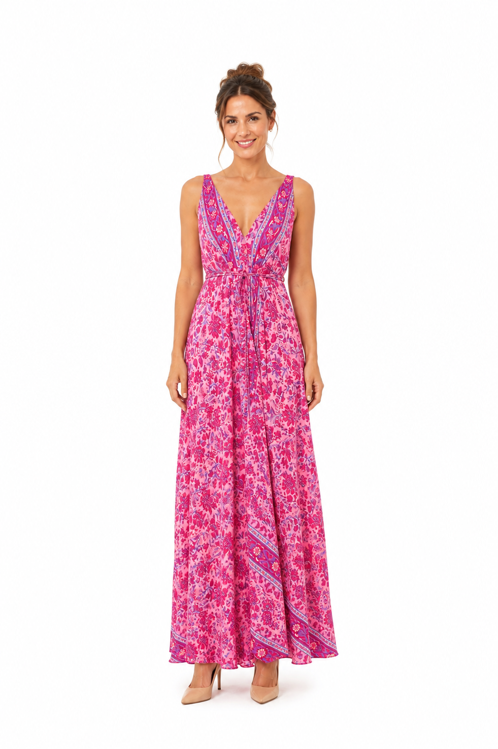 Arriendo de vestido largo fucsia con estampados