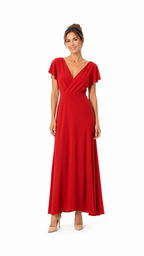 Arriendo de vestido largo rojo italiano de lycra con mangas