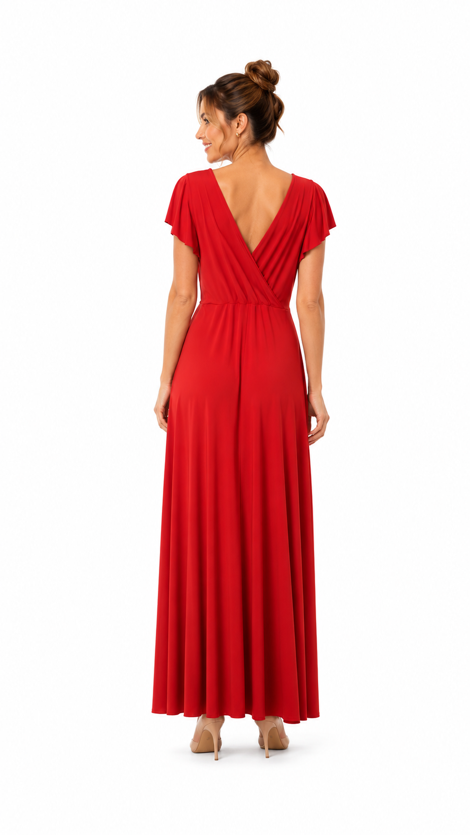 Arriendo de vestido largo rojo italiano de lycra con mangas
