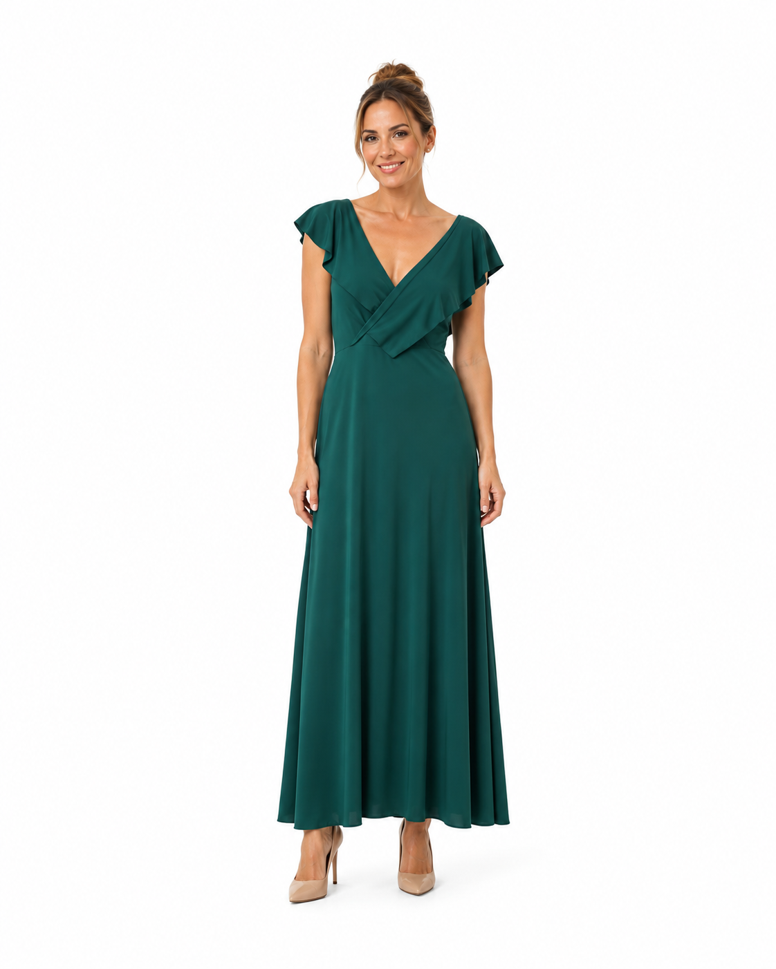 Arriendo de vestido largo verde de lycra con vuelos en escote