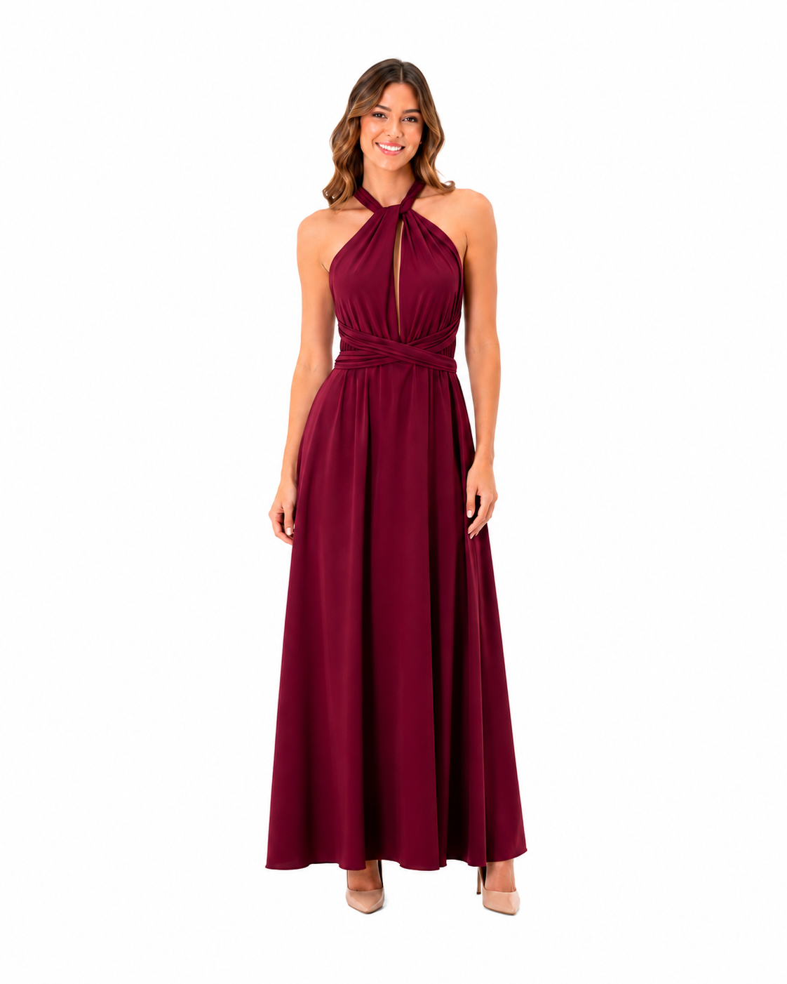 Arriendo de vestido largo de lycra multifromas largo burdeo concho vino