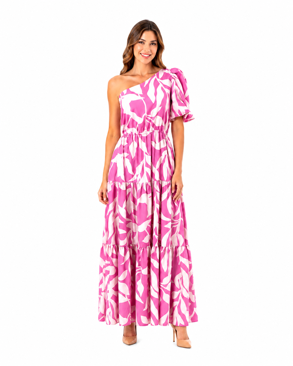 Vestido largo rosado con blanco floreado