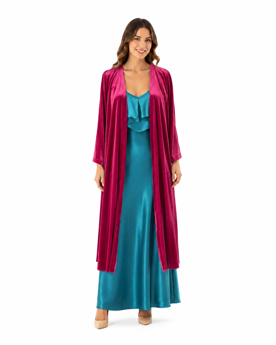 Arriendo de abrigo kimono fucsia terciopelo