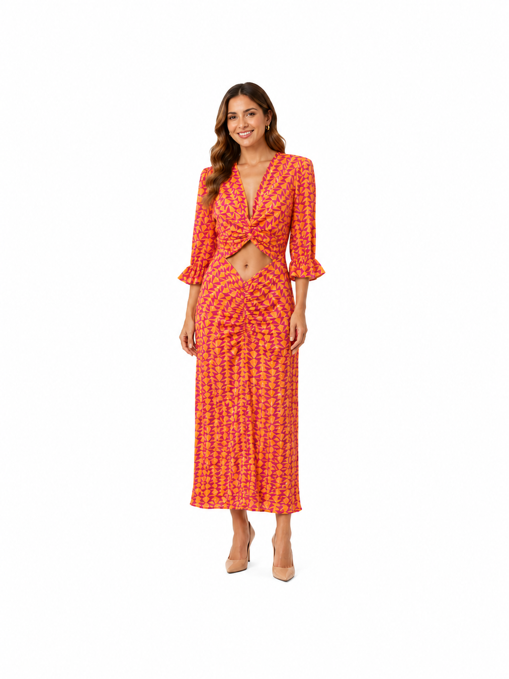 Arriendo de Vestido largo estilo español cut out en abdomen con hombreras naranjo con morado