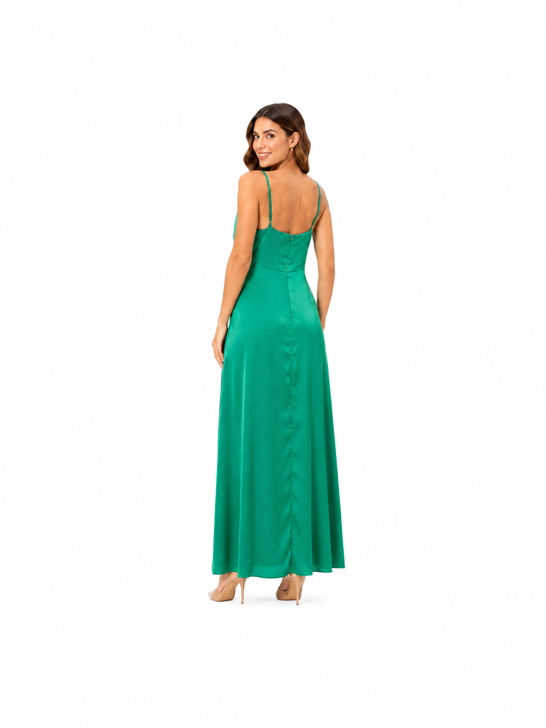 Arriendo de Vestido largo verde marca minuet escote en V, con vuelos al costado