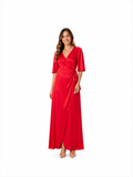 Arriendo de Vestido fucsia seda largo cinturon mangas