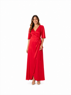 Arriendo de Vestido fucsia seda largo cinturon mangas