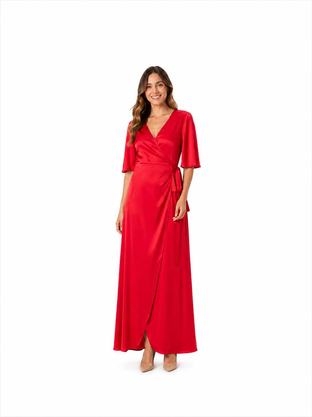 Arriendo de Vestido fucsia seda largo cinturon mangas