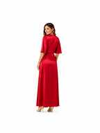 Arriendo de Vestido fucsia seda largo cinturon mangas