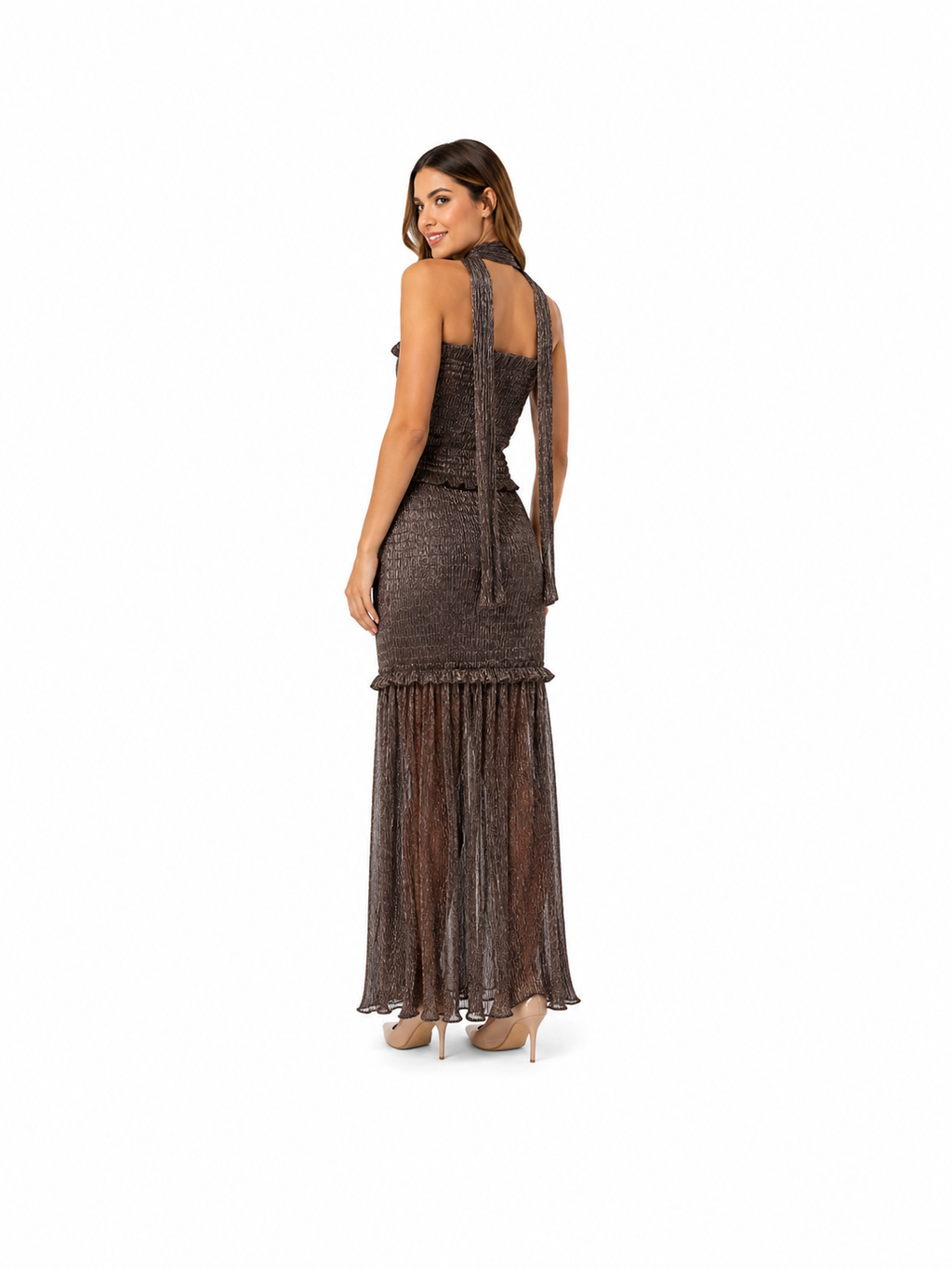 Arriendo de Vestido largo MUTH café con brillos strapless con tirita cuello