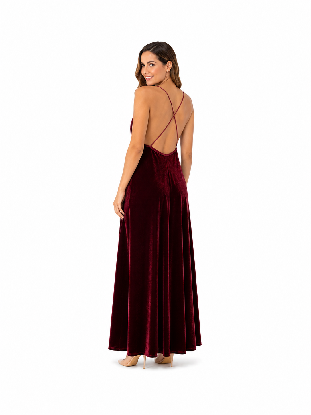 Arriendo de Vestido largo plush burdeo escote en V dos tiras
