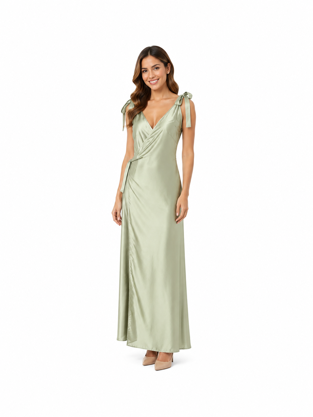 Arriendo de Vestido largo verde musgo claro y oscuro escote en V con amarres en hombros