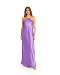 Arriendo de Vestido largo de seda lila con cuello halter y cinta amarilla que se amarra al cuello