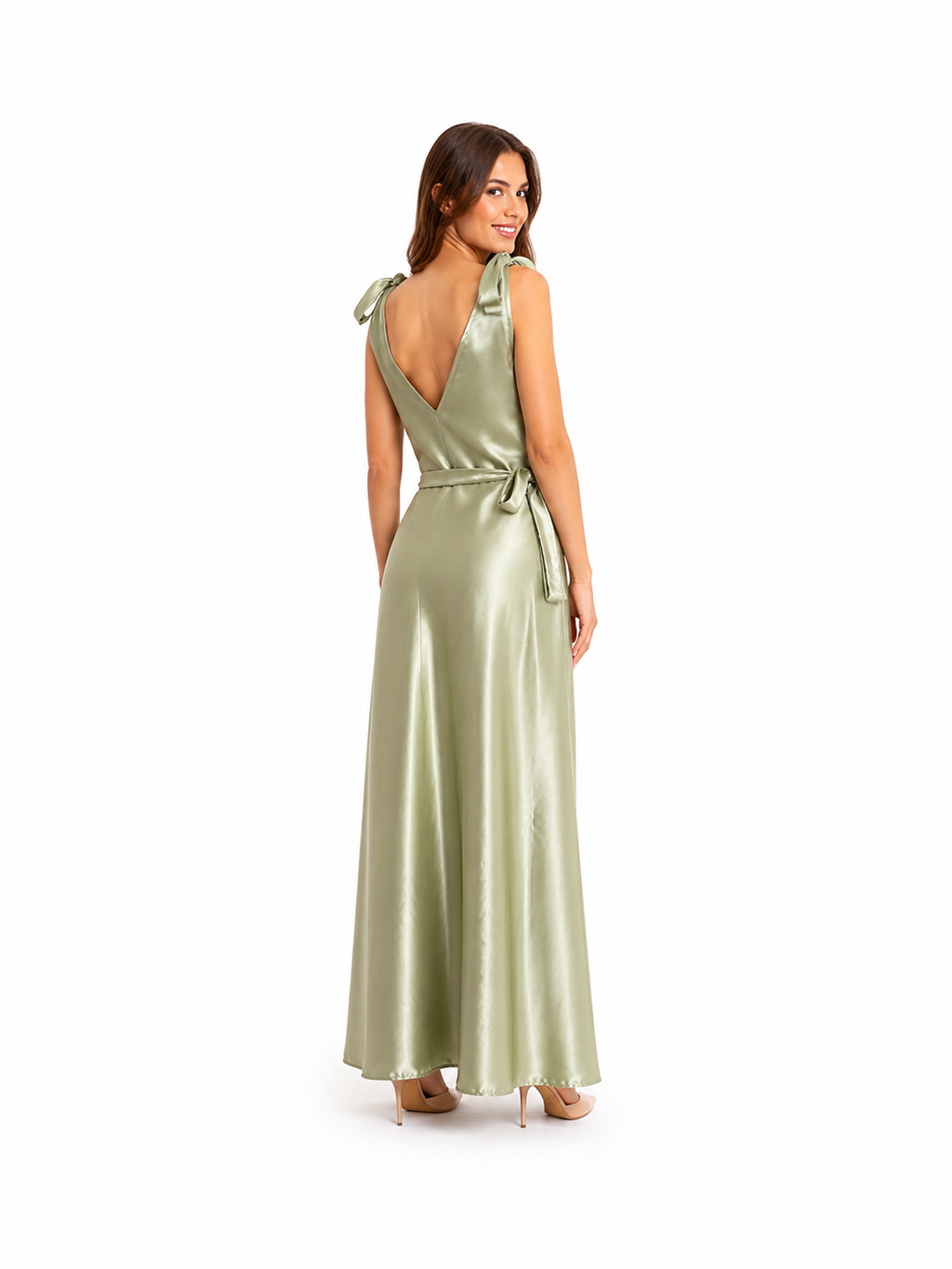 Arriendo de Vestido largo verde musgo claro y oscuro escote en V con amarres en hombros
